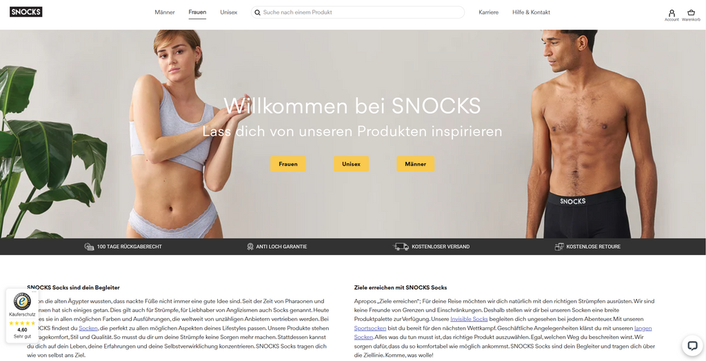 Die Website der erfolgreichen D2C Brand SNOCKS.