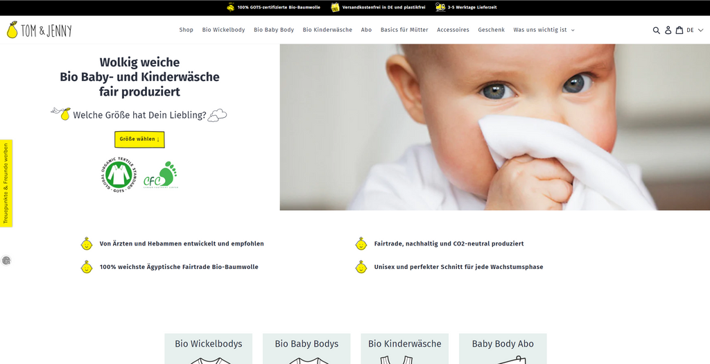 Die Website der erfolgreichen D2C Brand Tom und Jenny.