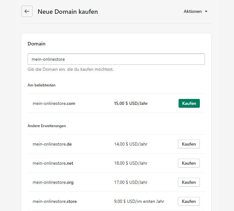 Im Menü "Domain Kaufen" erwirbst du deine neue Domain.