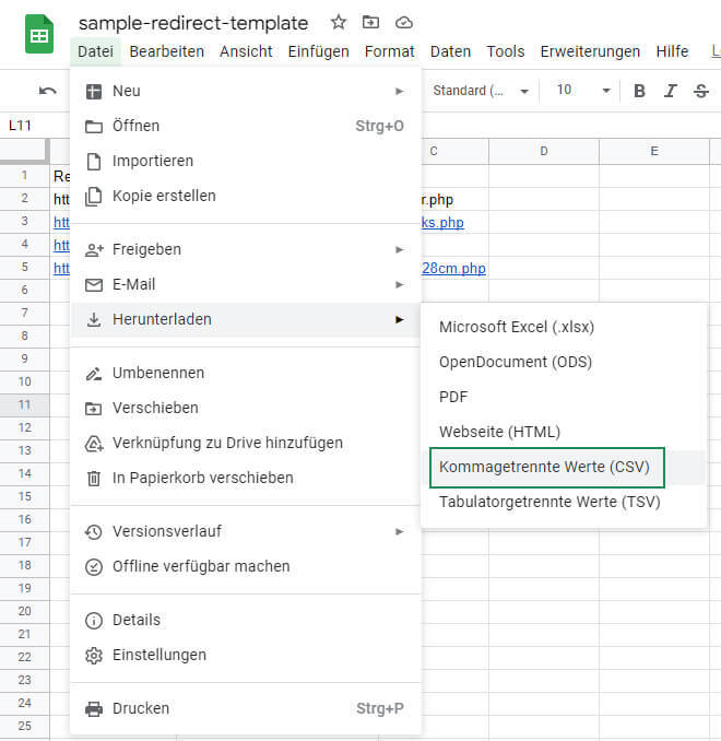 URL Weiterleitung Google Tabellen Schritt 6