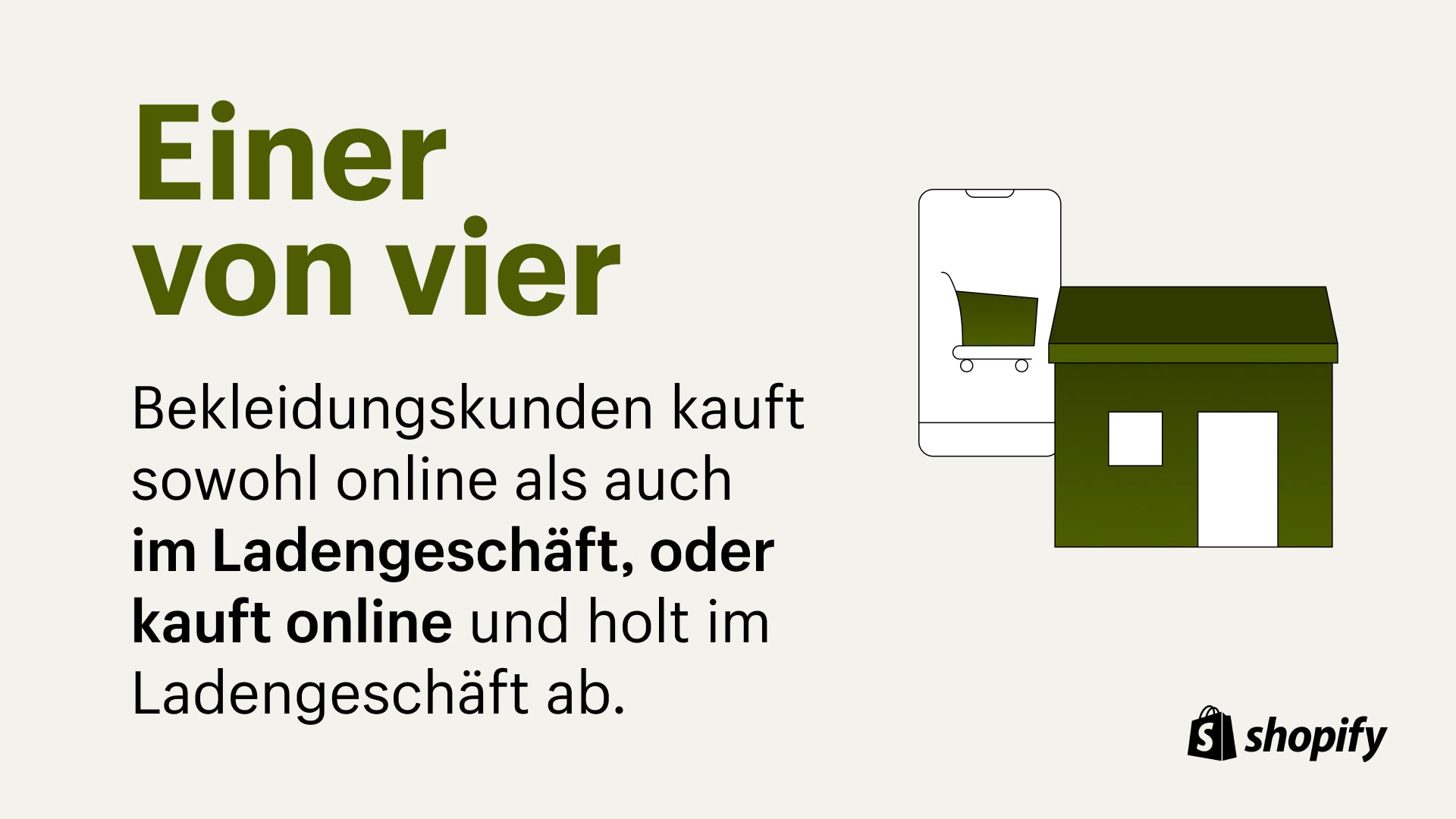 Cremefarbener Hintergrund mit einem Comicbild einer grünen Ladenfront und einer Statistik mit der Aufschrift „Jeder vierte Bekleidungskunde kauft sowohl online als auch im Geschäft ein oder kauft online und holt es im Geschäft ab.“