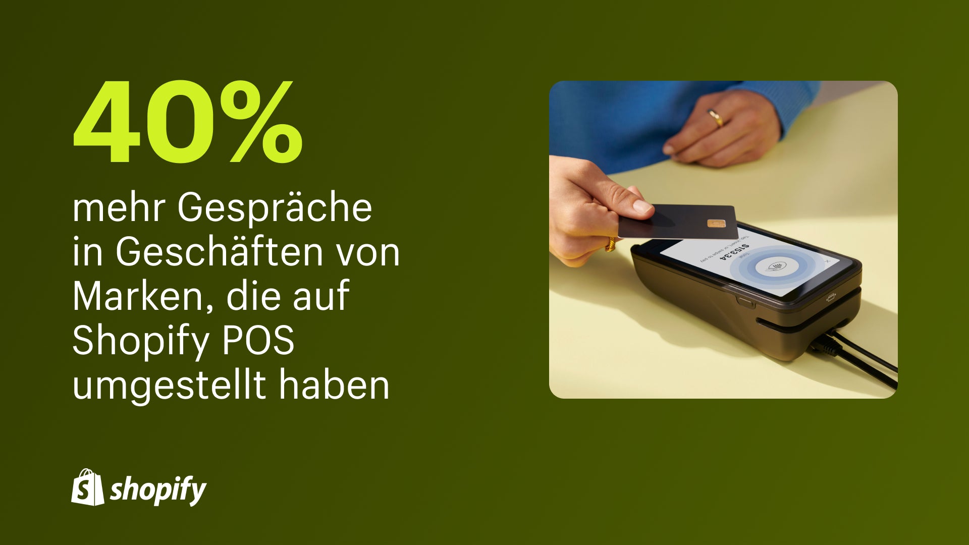 Bild einer Hand, die ihre Karte an ein Kartenlesegerät hält, mit der Aufschrift „40 % mehr Konversionen im Geschäft von Marken, die auf Shopify POS umgestiegen sind.“