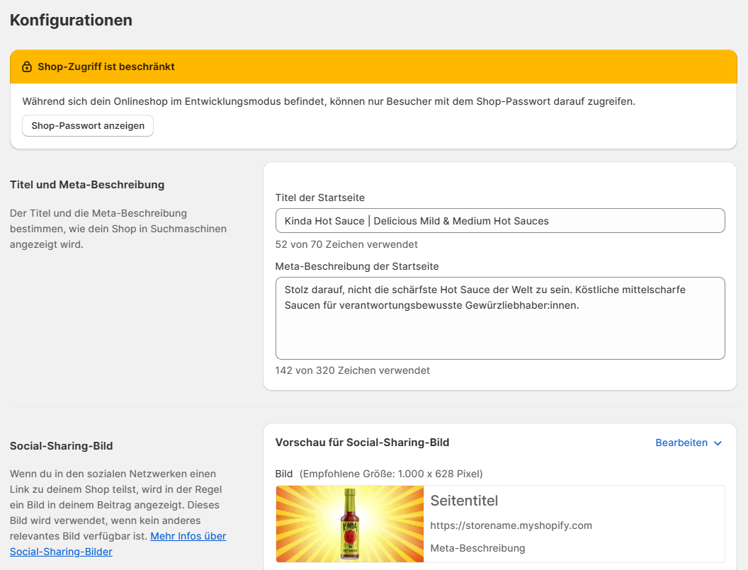 Shopify-Shop erstellen: Meta-Daten bearbeiten