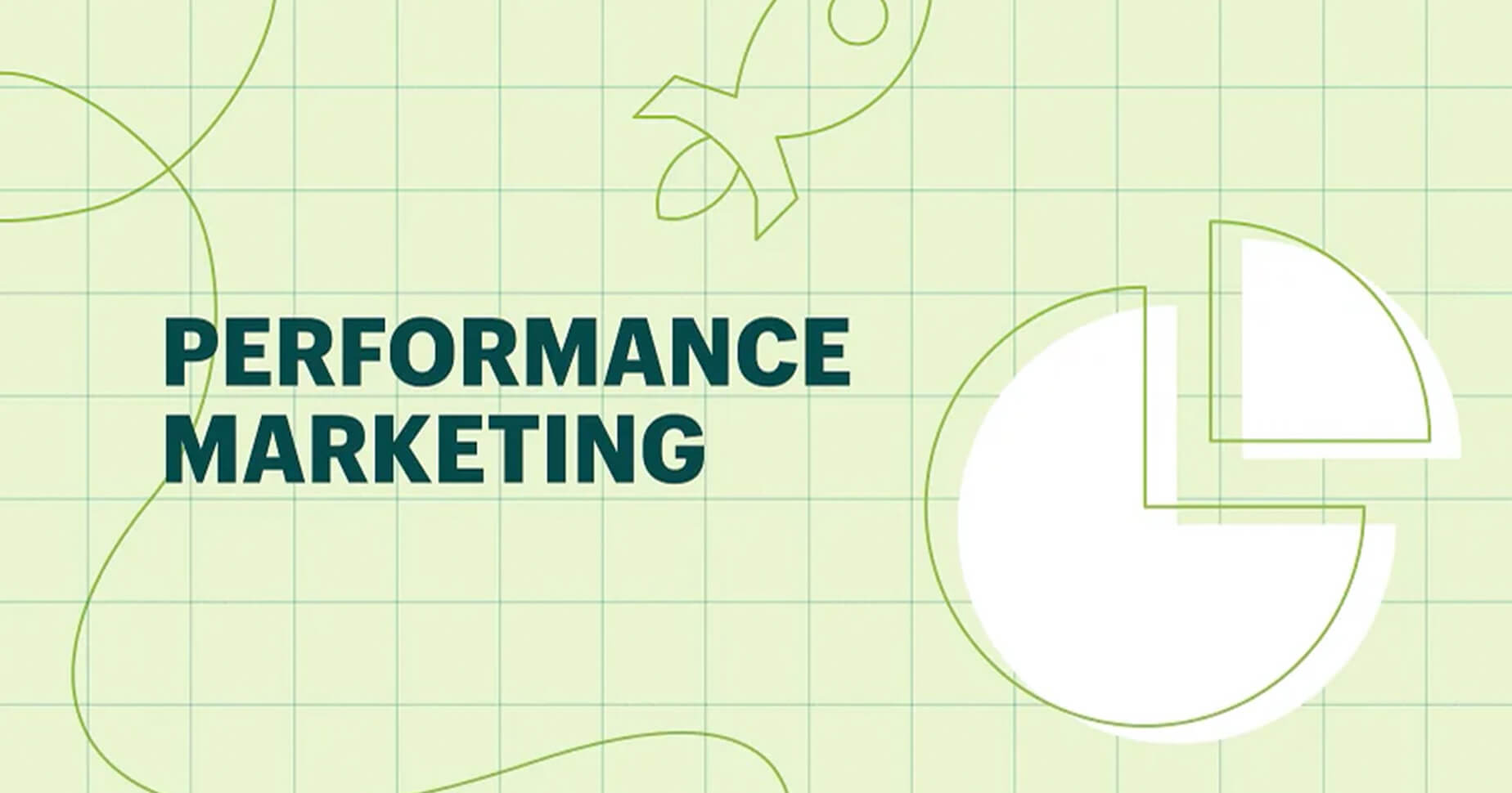 Das Bild zeigt einen schlichten grünen Hintergrund mit verschiedenen Formen und den Schriftzug Performance Marketing.