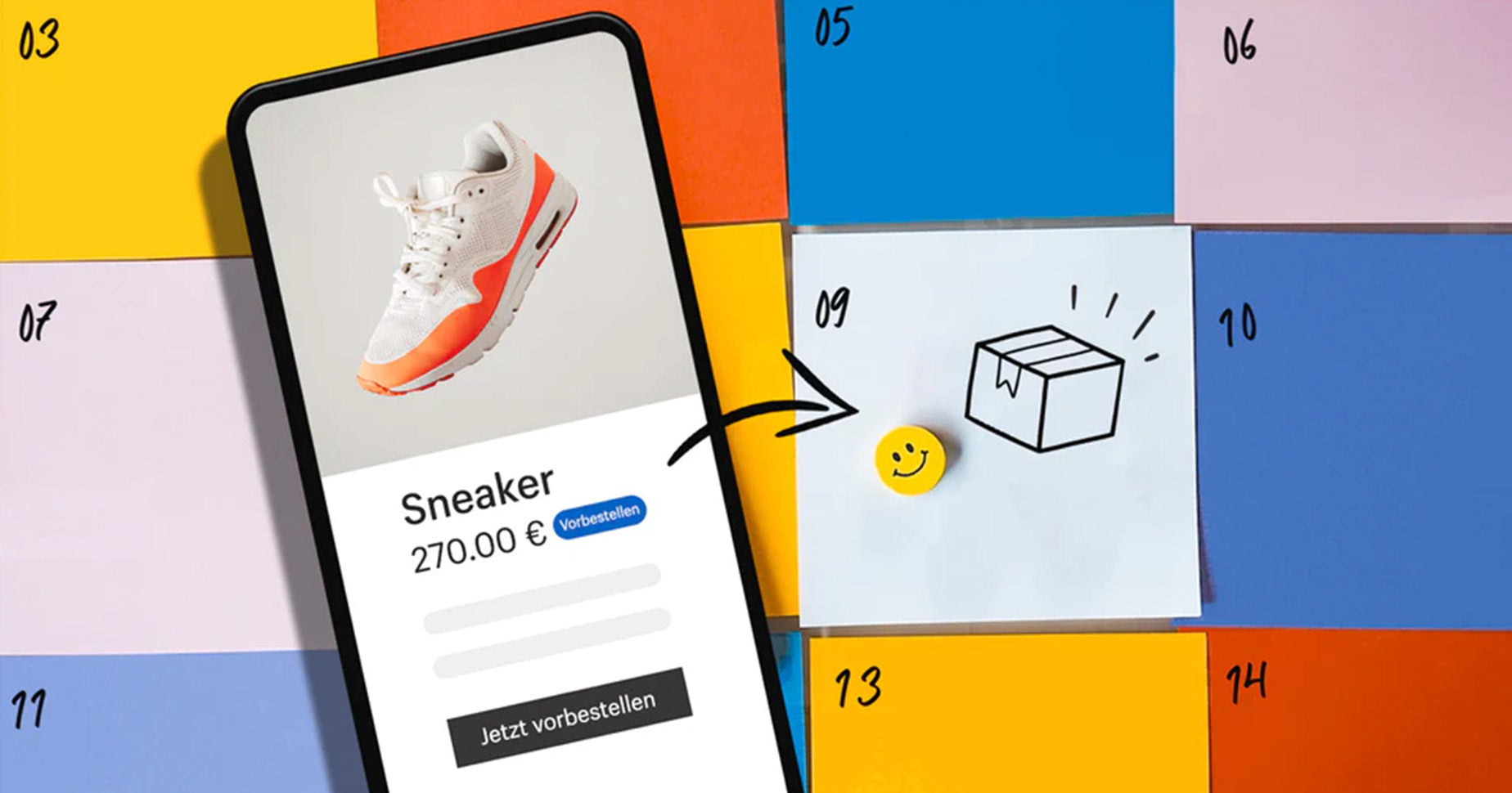 Gezeigt ist eine bunte Kalendergrafik im Hintergrund. Im Vordergrund ist ein Handy mit einer Produktseite einer Sneakervorbestellung zu sehen.