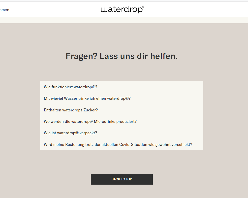 Der Shopify-Shop Waterdrop hat in seine Produktseiten aussagekräftige FAQs implementiert