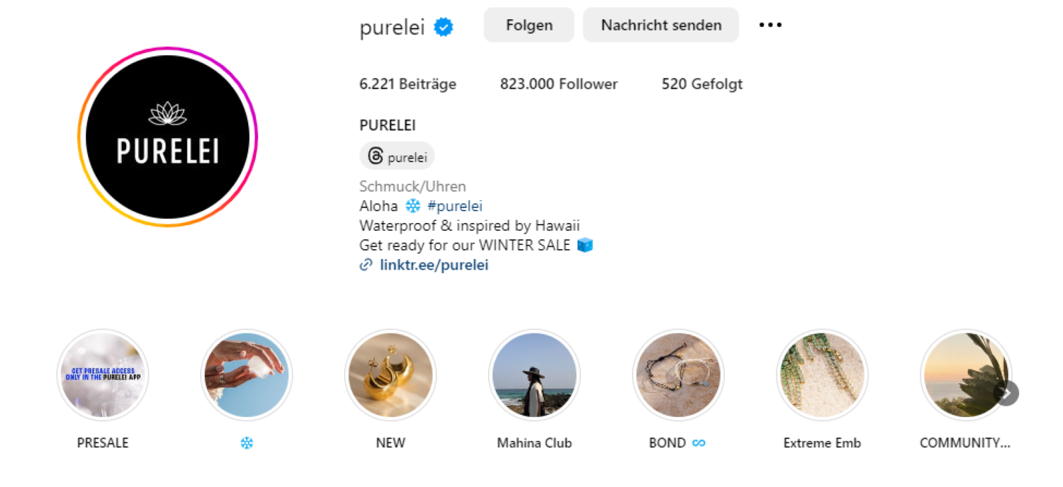 Das Instagram Profil von der Schmuck Marke Purelei