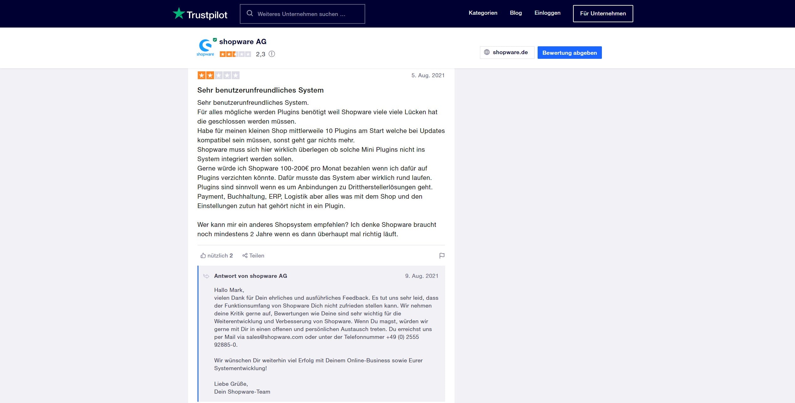 shopware-Bewertung bei Trustpilot