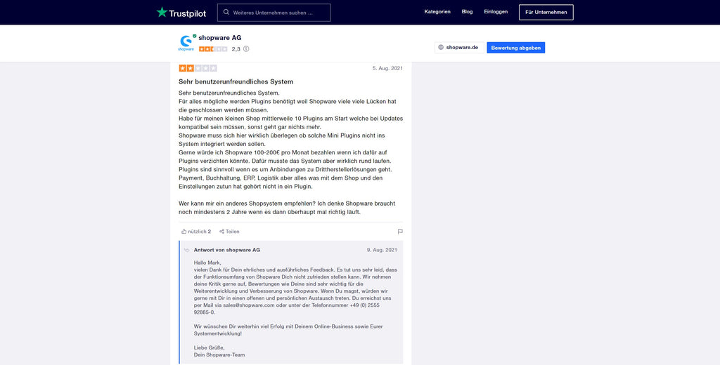 shopware-Bewertung bei Trustpilot