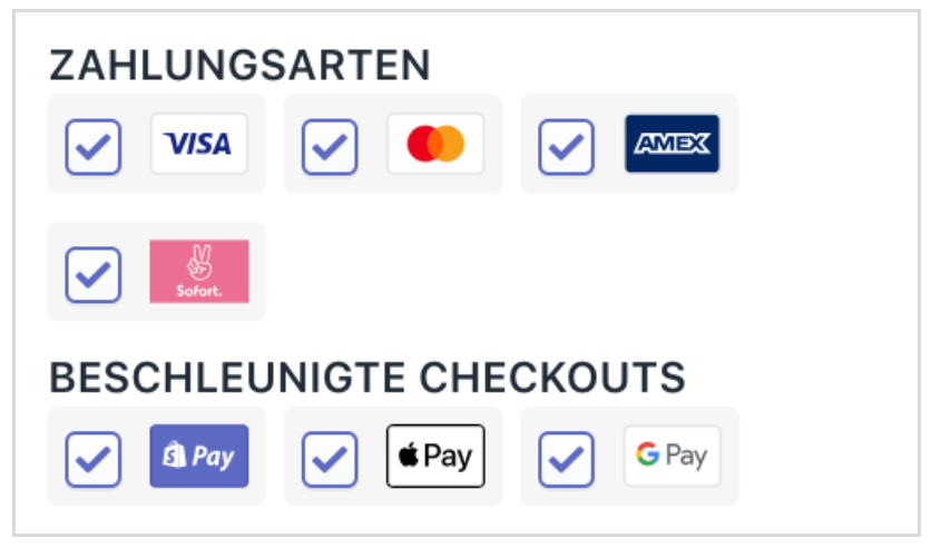 Screenshot des Checkout mit Auflistung zahlreicher Zahlungsarten