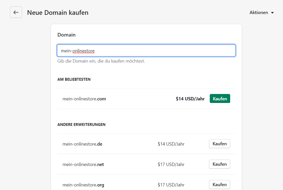 Wenn du eine Domaine kaufen möchtest, musst du prüfen, ob der Name bereits existiert bzw. was der Name kostet. Das ist im Shopify Backend ebenfalls möglich.