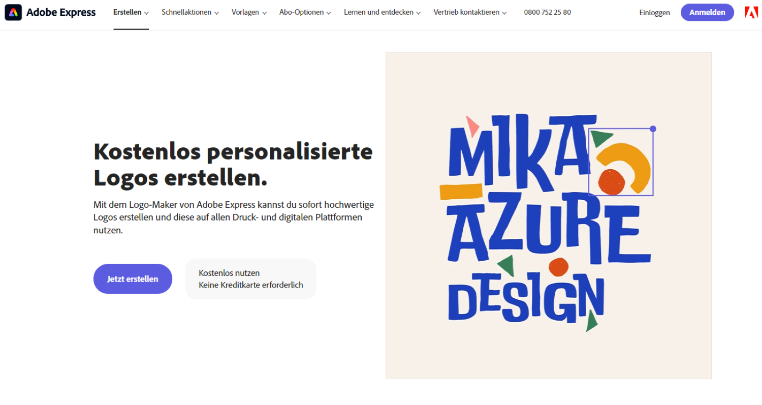 Screenshot der Startseite von Adobe Express Logo Maker.