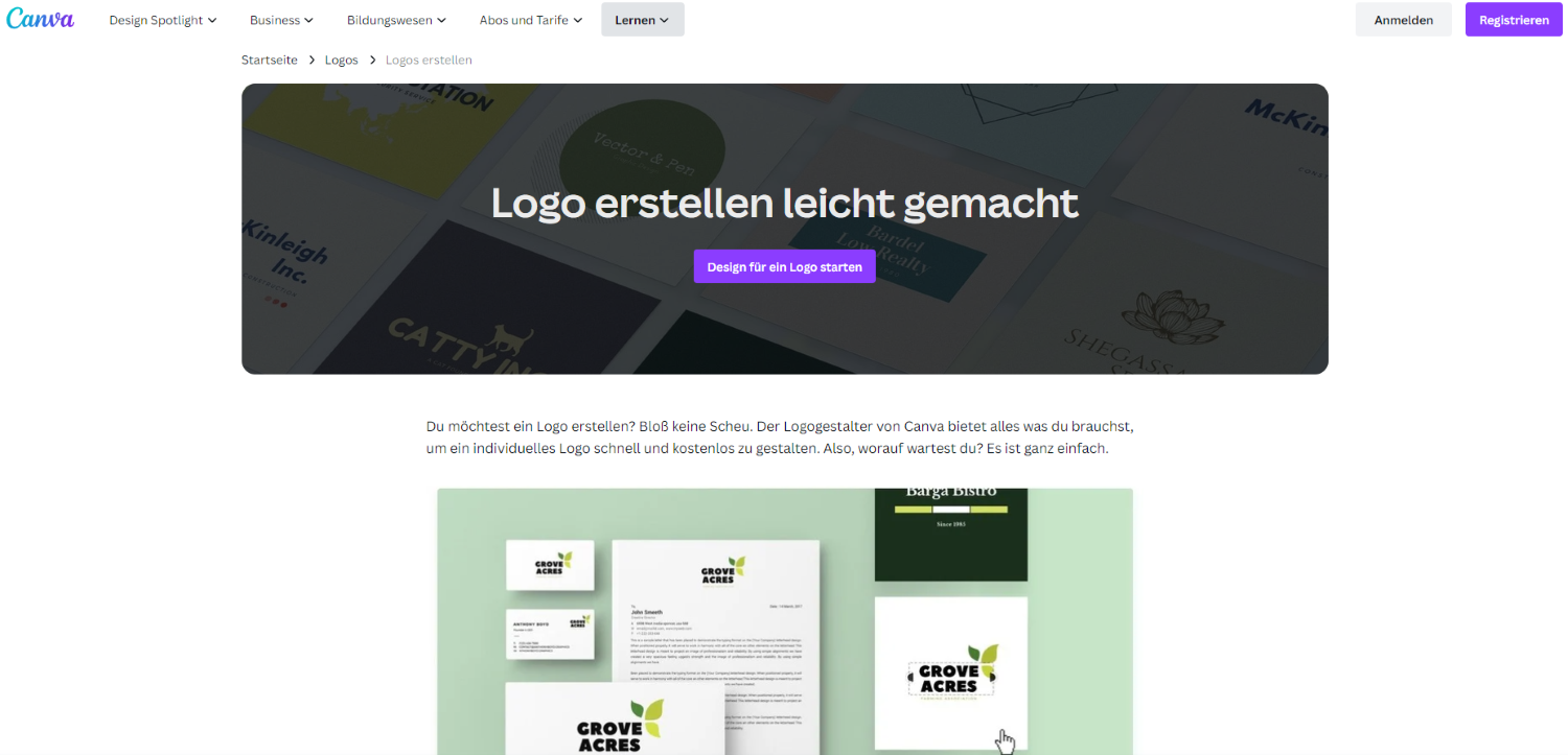 Screenshot der Canva Startseite zum Erstellen von Logos.