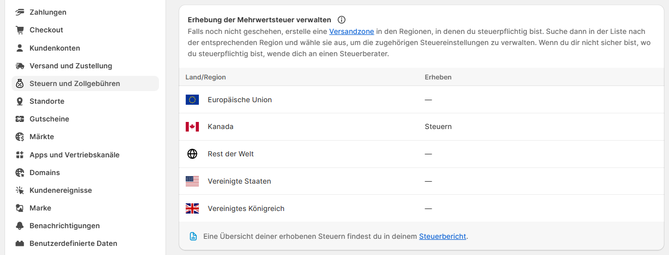 Shopify-Shop erstellen: Steuern verwalten