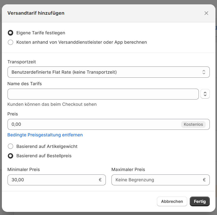 Shopify-Shop erstellen: Versandtarife verwalten