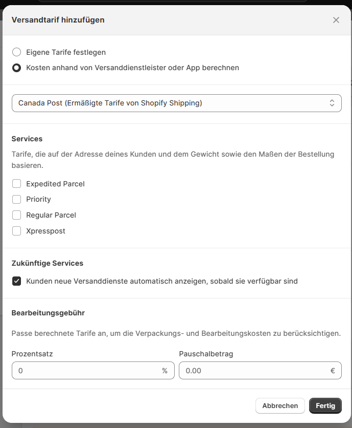 Shopify-Shop erstellen: Versandtarife verwalten