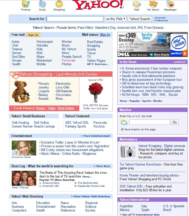 Yahoo im Jahr 2005. Zu dieser Zeit war Social Commerce noch in den Kinderschuhen.