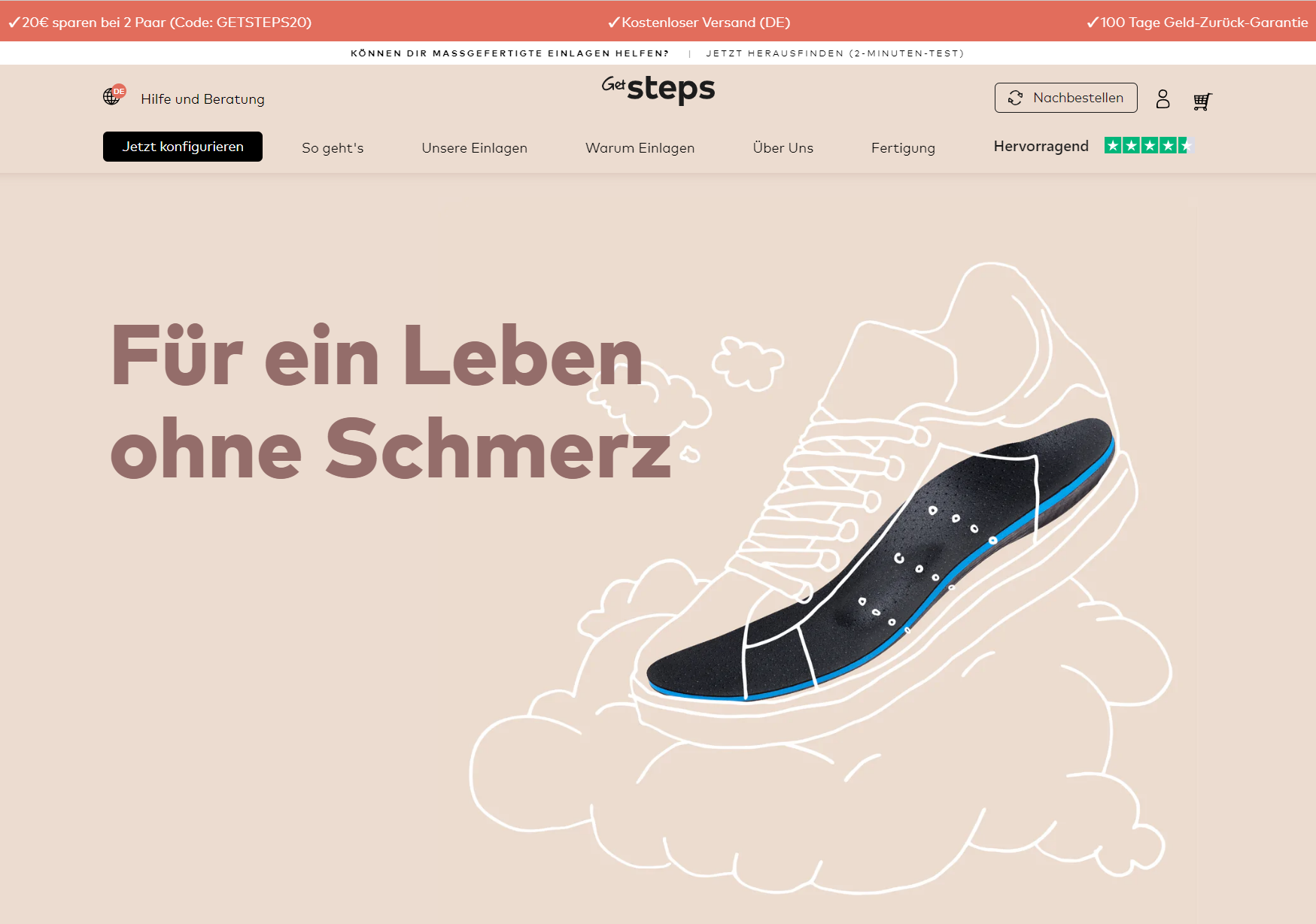 Screenshot der Homepage von GetSteps. Das Unternehmen schafft es, die Zielgruppe geschickt zu erweitern und orthopädische Einlagen zu einem Sport- und Lifestyle-Thema zu machen.