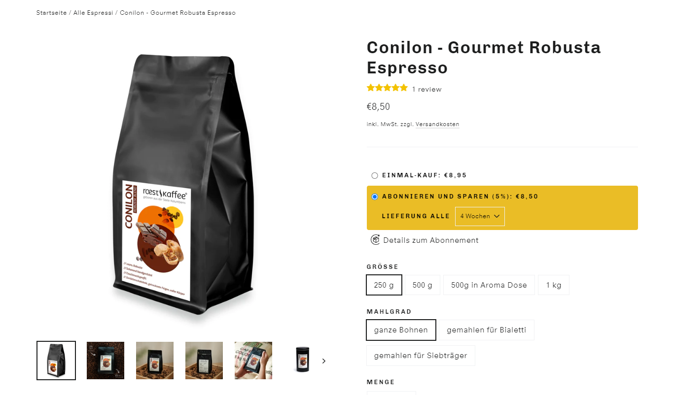 Screenshot der Website von Roestkaffee, die mit einem Abo-Modell für Kaffee arbeiten.