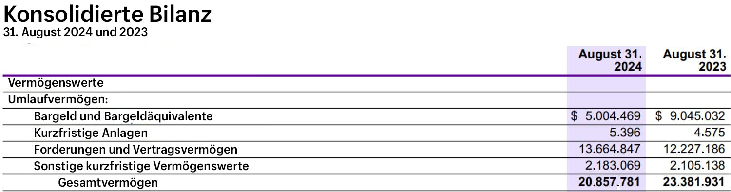 Accenture 2024 Bilanz: 5 Mrd. € Bargeld, 13,7 Mrd. € Forderungen, 2,2 Mrd. € sonstiges Umlaufvermögen.