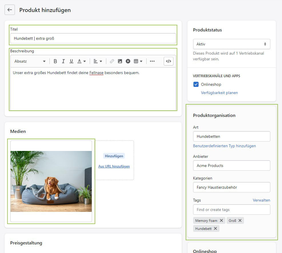 Screenshot der Produktverwaltungsseite von Shopify. Rich-Image- und Textdaten zur Kategorisierung von Produkten am Beispiel eines Hundebetts.