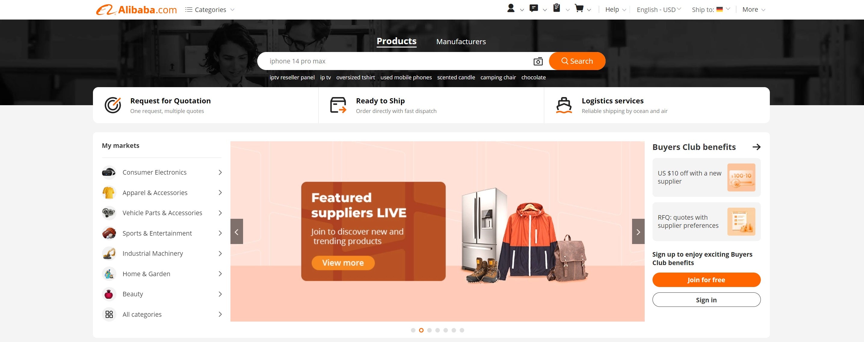 Ein Screenshot der Homepage des Dropshipping-Anbieters Alibaba