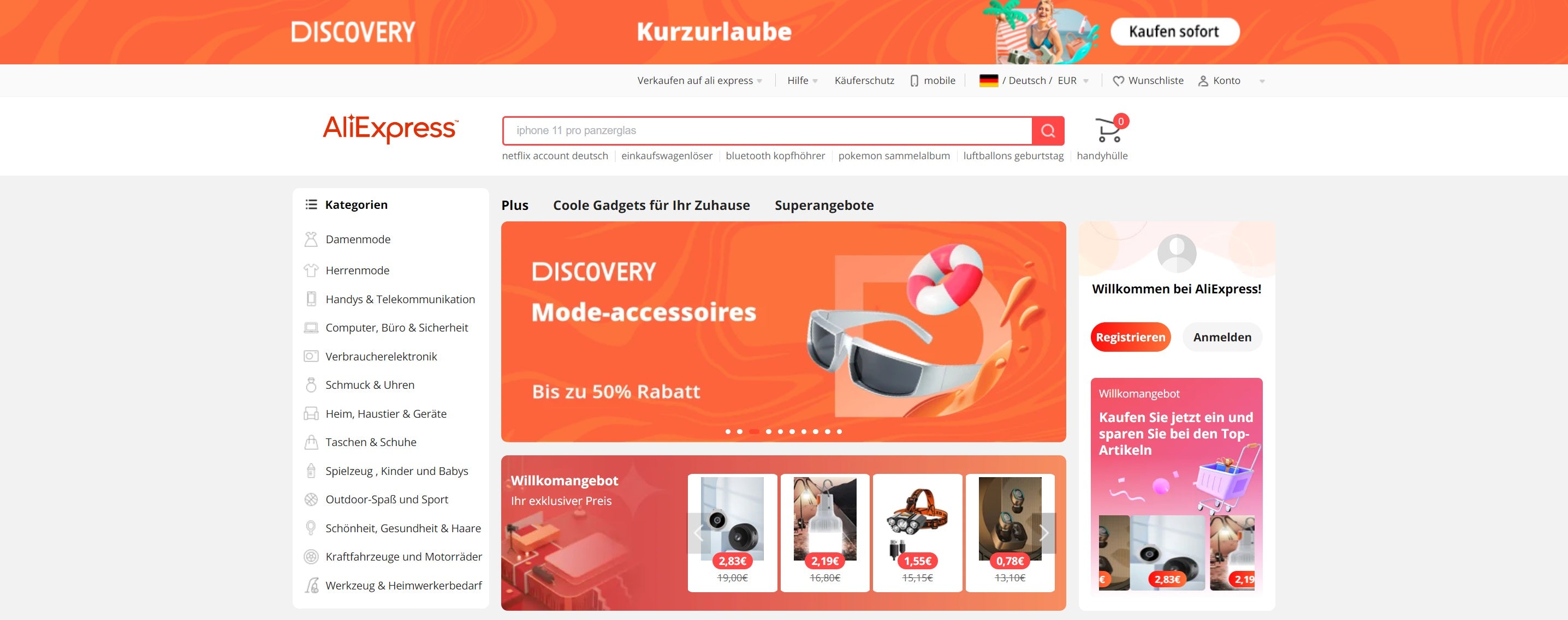 Ein Screenshot der Homepage des Dropshipping-Anbieters AliExpress