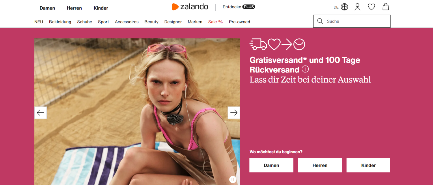 Gezeigt ist die Website des Marktplatzes Zalando.