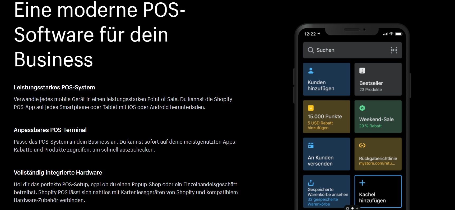 Die Startseite zum Shopify POS System. Mit POS hast du eine Vielzahl an Zahlungsmöglichkeiten, was die Wix Alternative  auszeichnet.