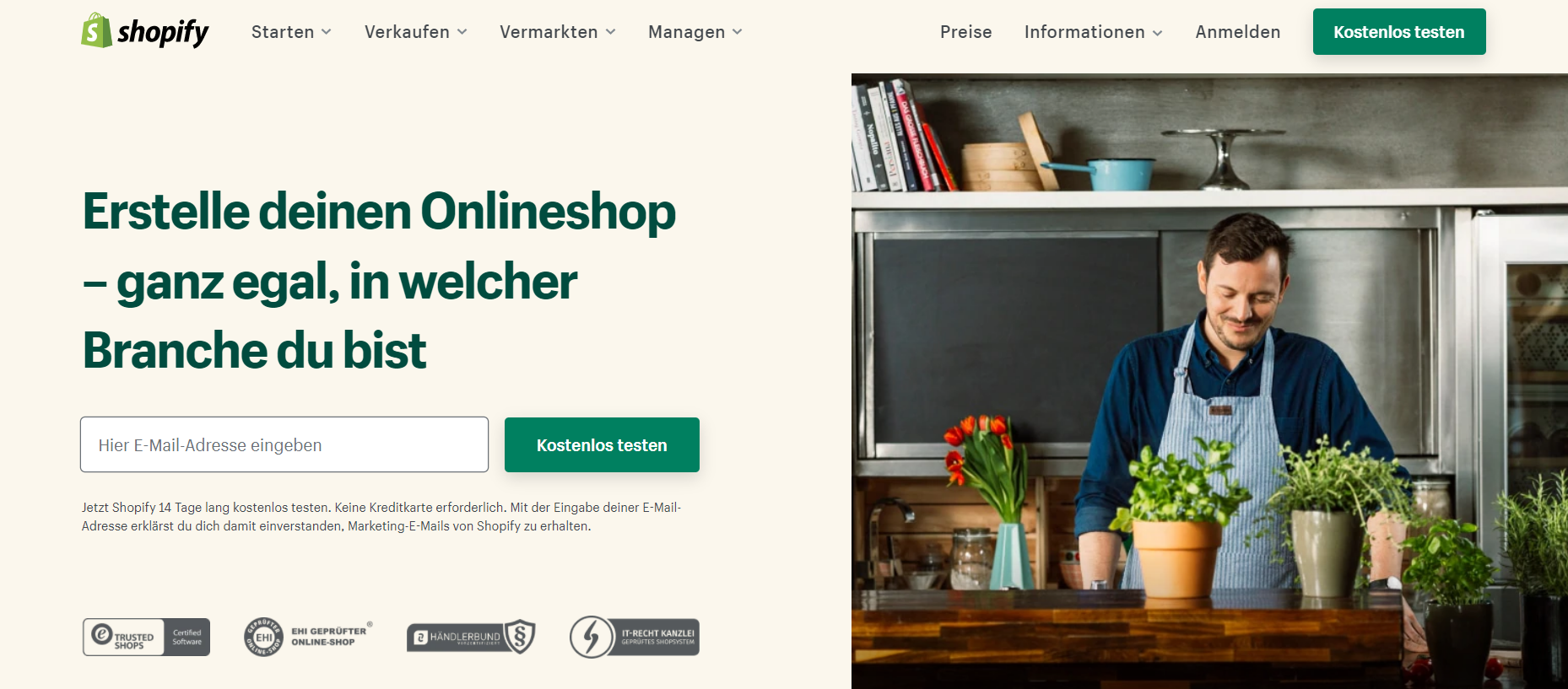 Die Startseite von Shopify. Shopify ist eine geeignete Wix Alternative, wenn du einen Onlineshop eröffnen willst.