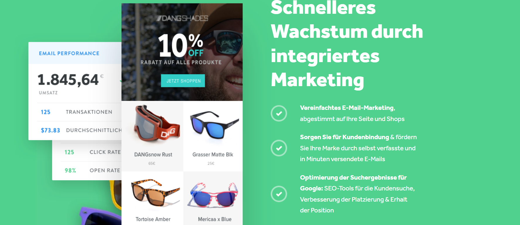 Die Marketingfunktionen von Weebly. Als Wix Alterantive bietet das Tool dir einige kostengünstige Funktionen.