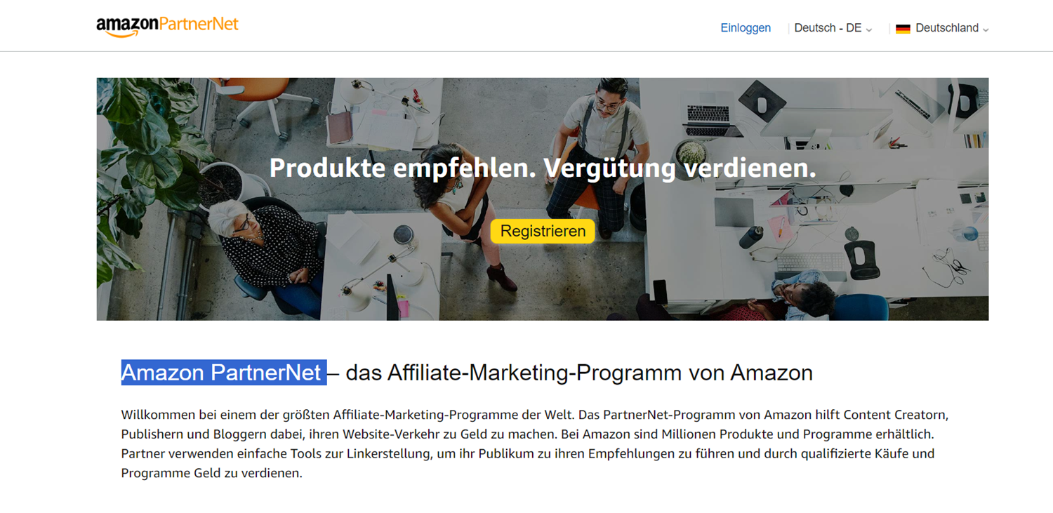 Screenshot der Startseite von Amazon PartnerNet.