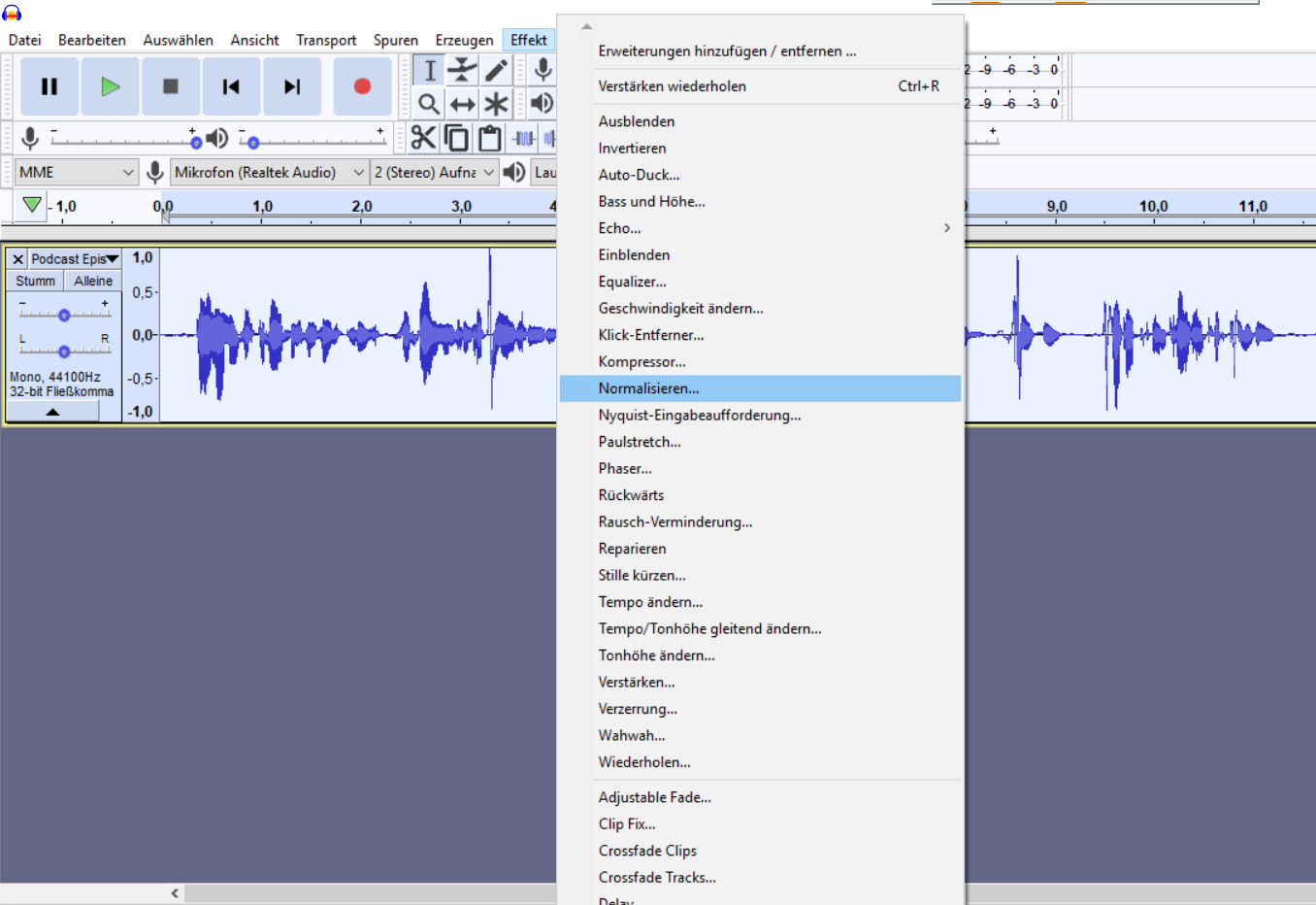 Die Bearbeitungsfläche des Audio-Programms Audacity, welche du zum Podcast erstellen nutzen kannst.