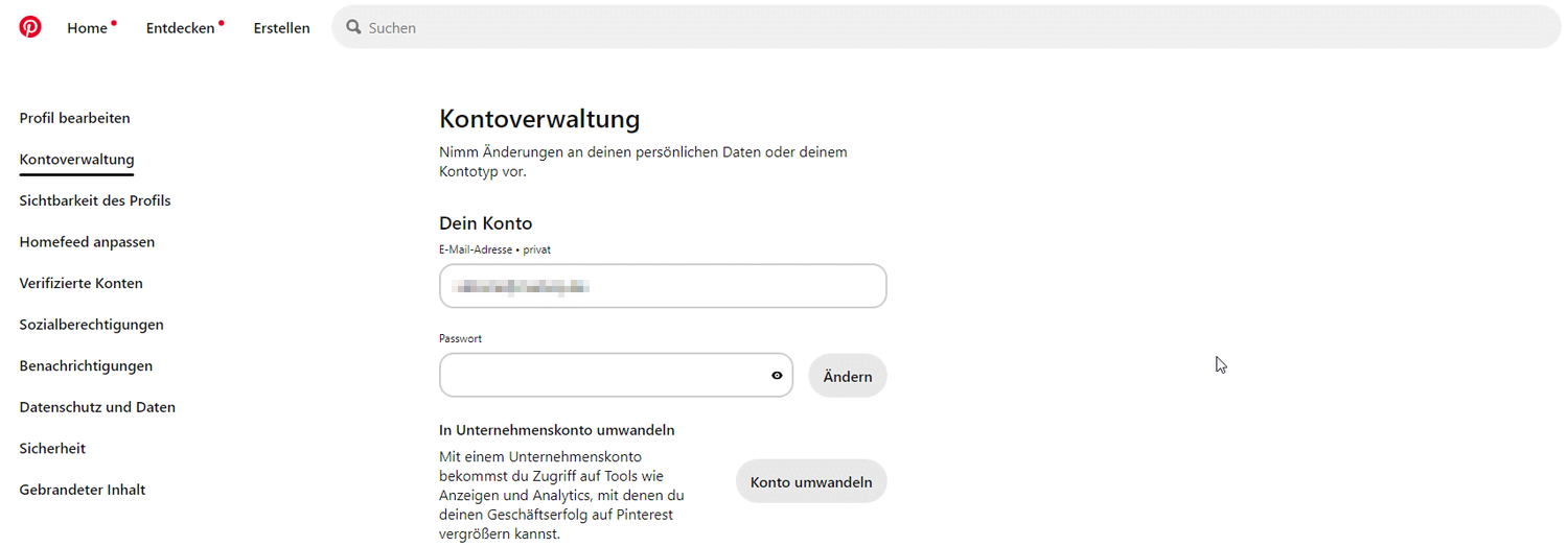 Ansicht zum Umwandeln eines privaten Kontos zu einem Geschäftskonto auf Pinterest
