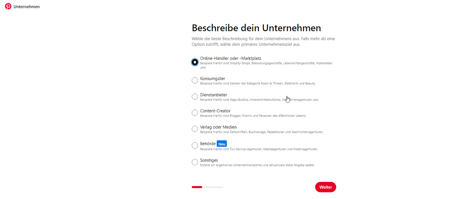 Ansicht zum Eintragen von Angaben bei der Erstellung eines Geschäftskontos auf Pinterest