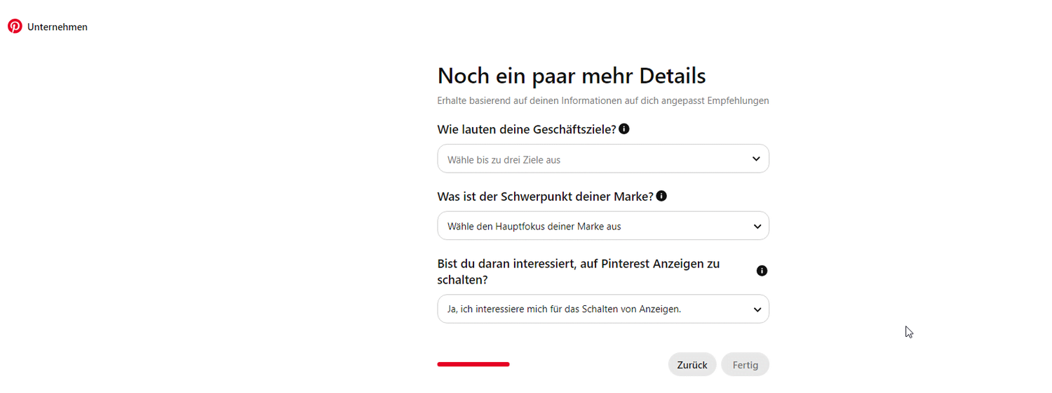 Ansicht zum Eintragen von Unternehmensdetails bei der Erstellung eines Geschäftskontos auf Pinterest