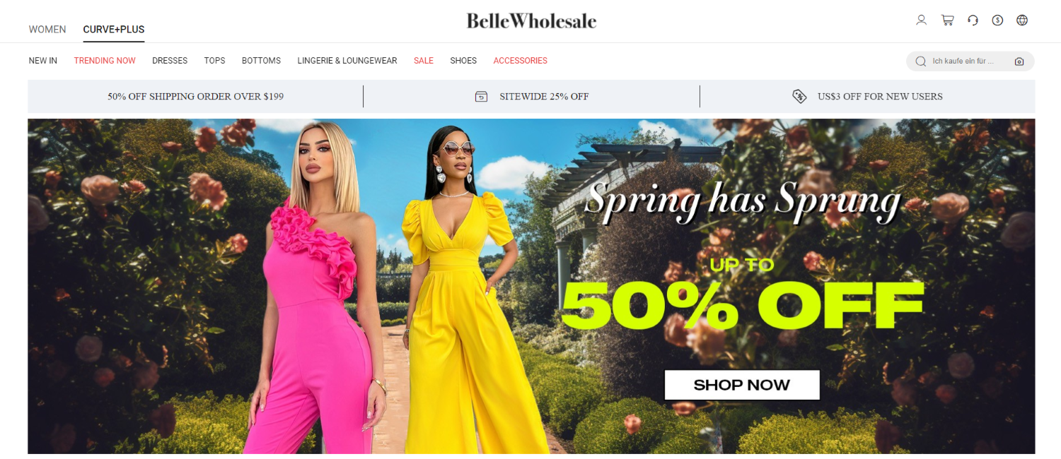 Das Bild zeigt die Website von BelleWholesale. Zu sehen ist ein Werbebanner für einen Sale.