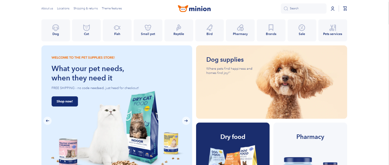 Gezeigt ist die Website-Demo des Shopify Themes Minion.