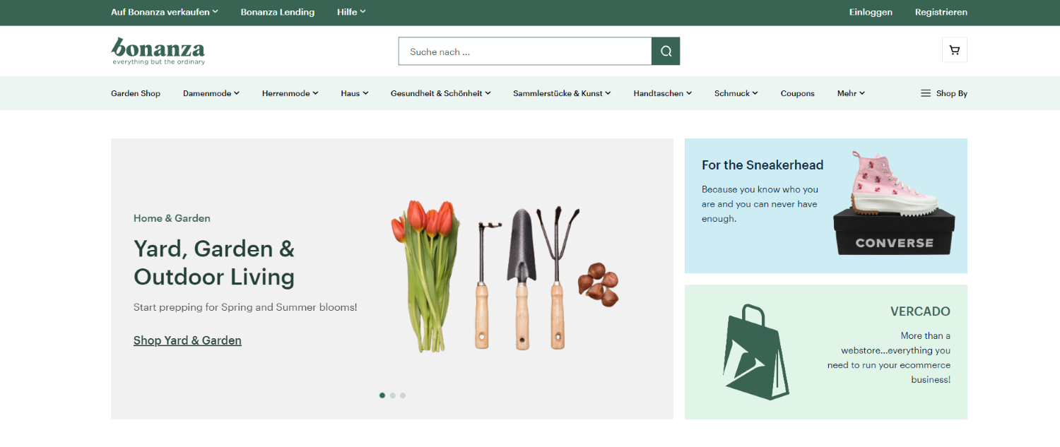 Gezeigt ist die Startseite von Bonanza auf der Produkte für die Gartenarbeit zu sehen sind.