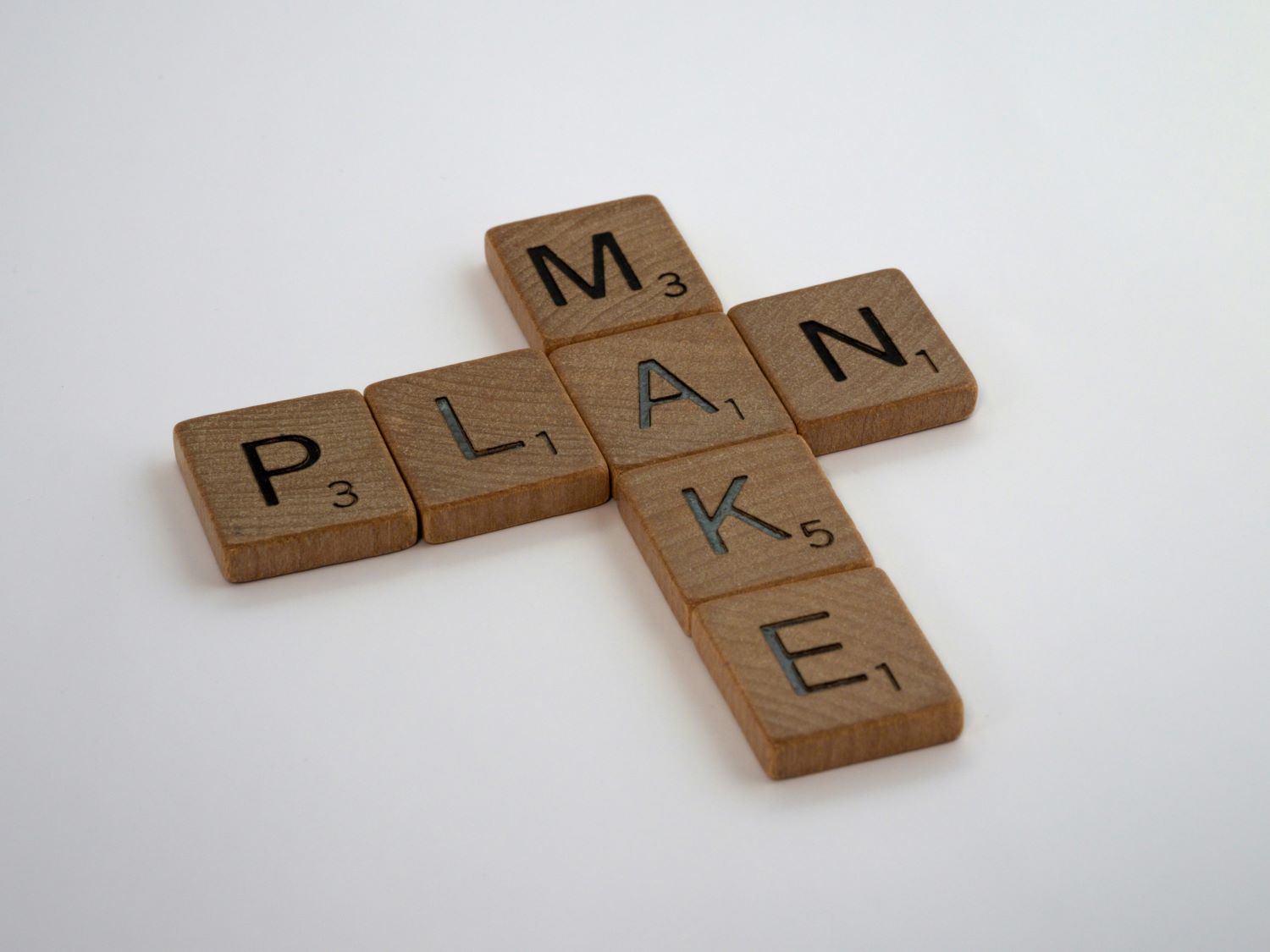 Gezeigt sind Scrabble Steine, mit denen die Worte "Make" und "Plan" geschrieben wurden.