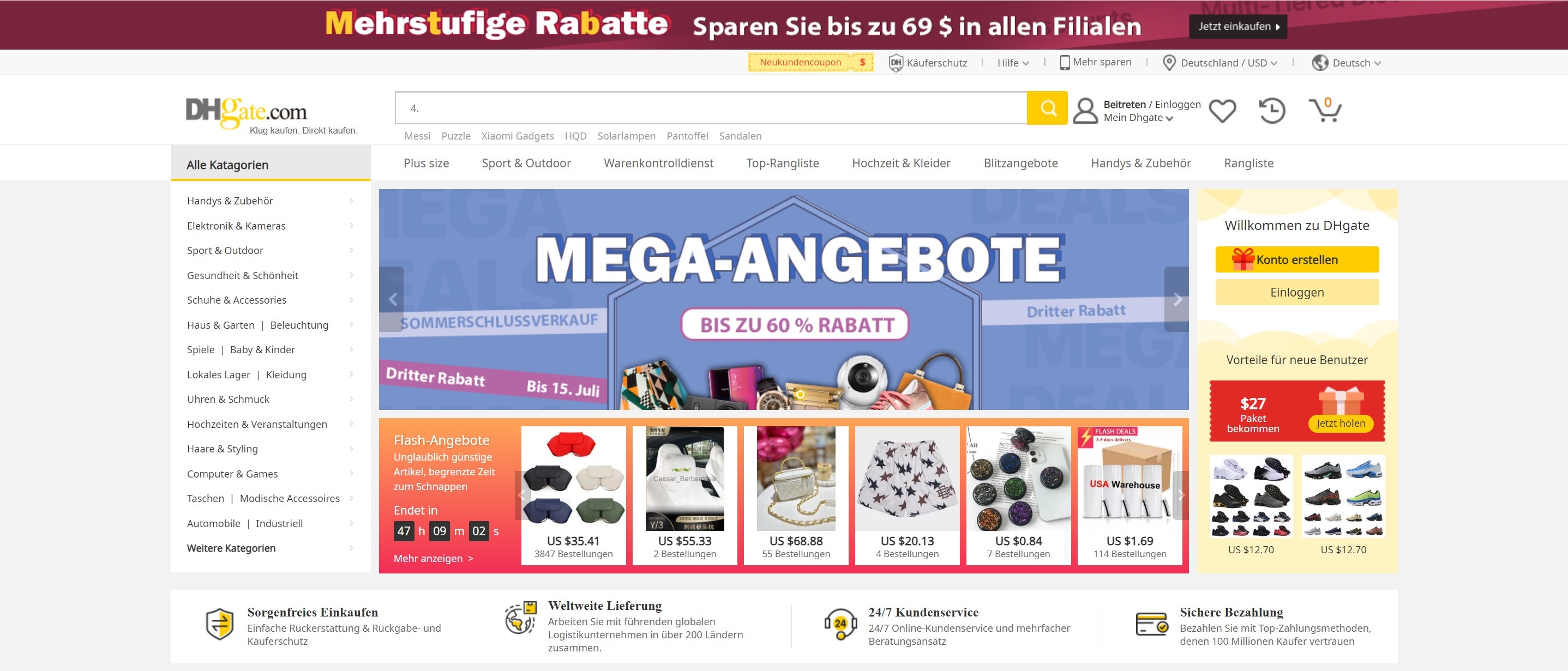 Ein Screenshot der Homepage des Dropshipping-Anbieter DHgate