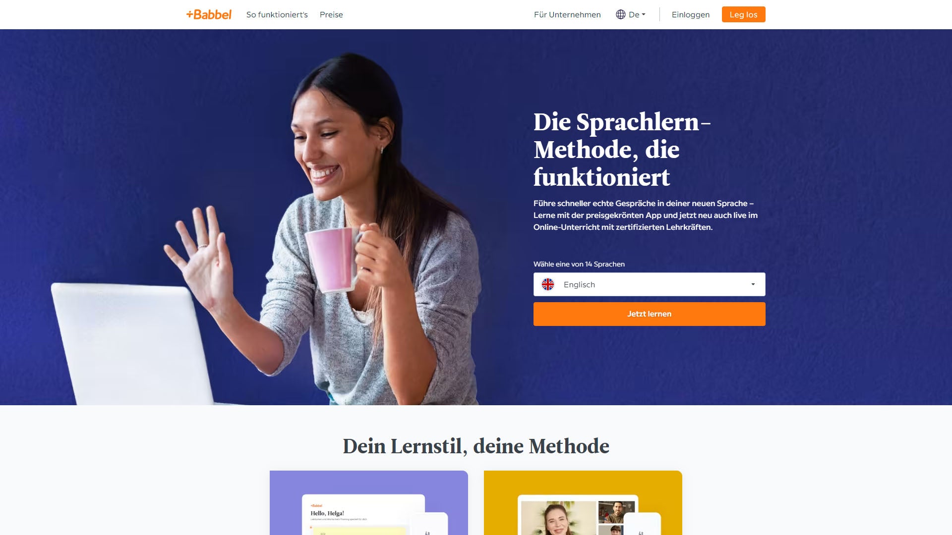 Screenshot der Website von Babbel. Das Sprachlernunternehmen zeigt, wie man digitale Produkte verkaufen kann und ist ein Vorbild für ein eigenes DIY-Business. Mehr DIY-Ideen findest du in diesem Beitrag!