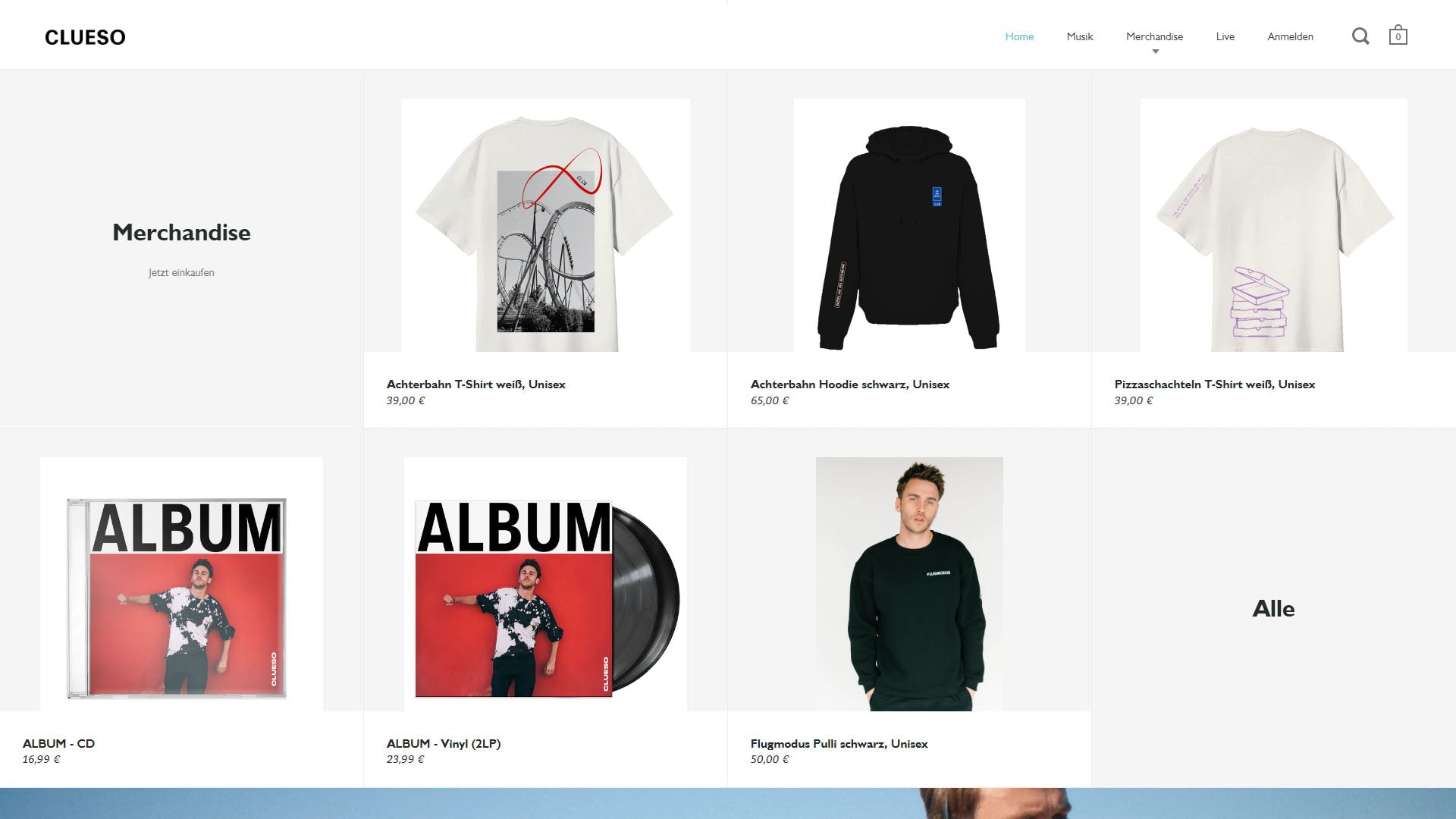 Screenshot des Shops von Clueso mit Merch und CDs.