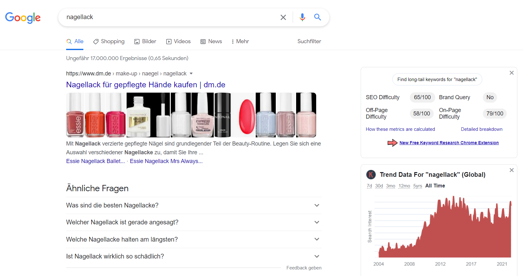 Screenshot der Google-Suche zum Thema "Nagellack" mit Angaben des Add-Ons "Keywordseverywhere". Viele Tools helfen dir, mit Dropshipping anzufangen und passende Produkte zu finden.