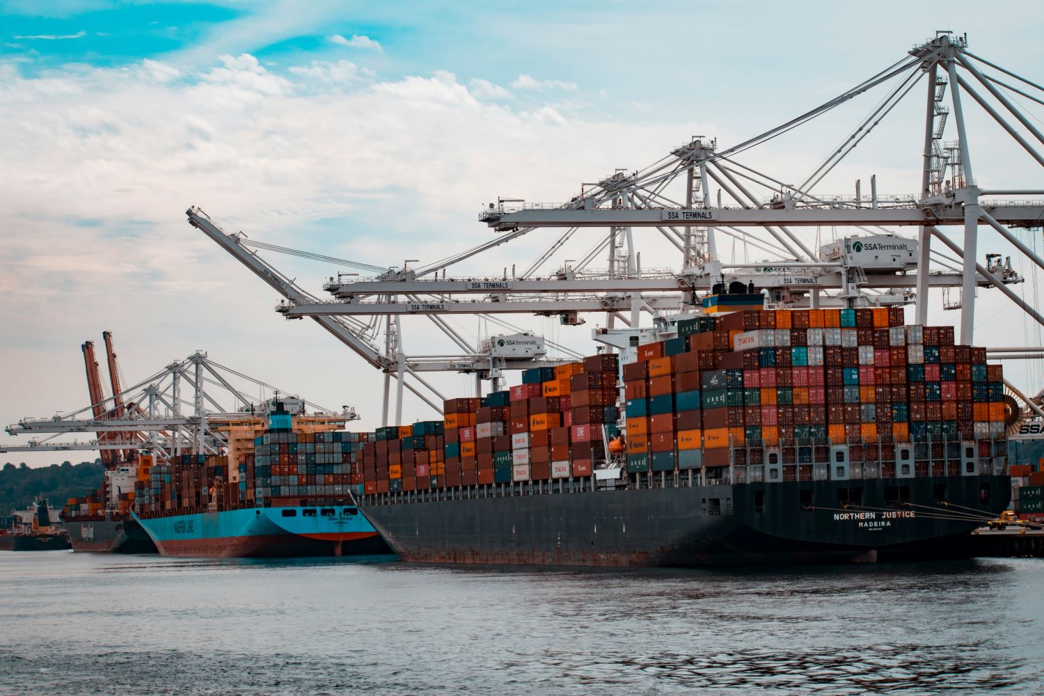 Das Bild zeigt mehrere Schiffe, auf denen Container transportiert werden.