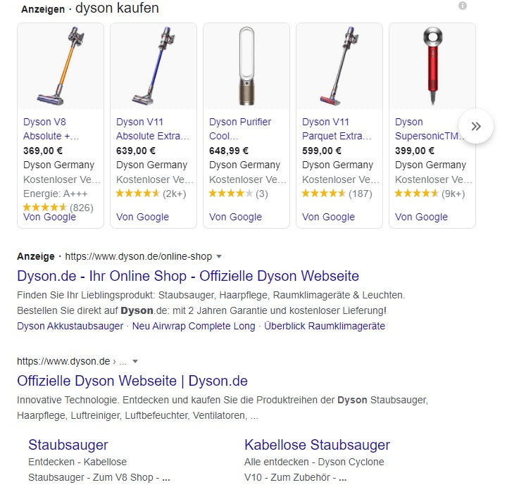 Dyson Google-Shopping-Anzeige
