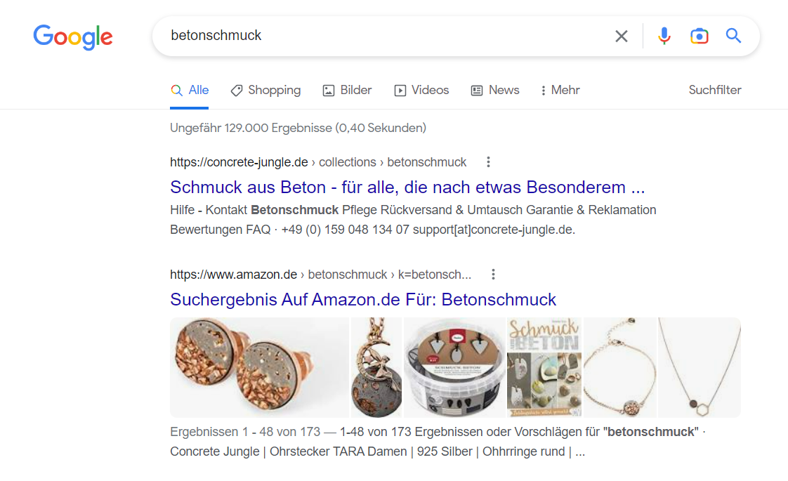 Ein Screenshot der Google-Suche "Betonschmuck". SEO ist eine wichtige E-Commerce-Marketing-Strategie.