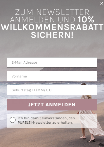 Die Newsletter-Anmeldung von PURELEI. E-Mail-Marketing ist ein beliebter Kanel für das E-Commerce-Marketing.