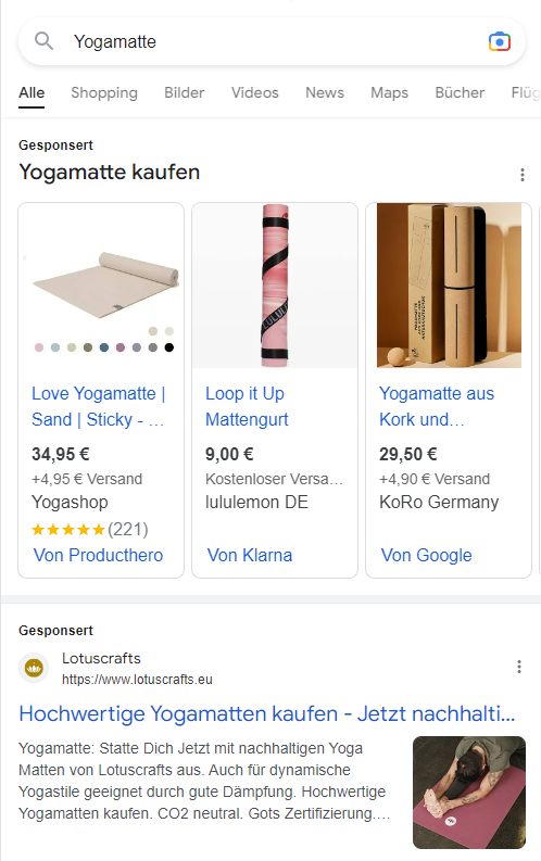 Ein Screenshot der Google-Suche "Yogamatten". PPC-Anzeigen sind ein wichtiges Instrument des E-Commerce-Marketings.