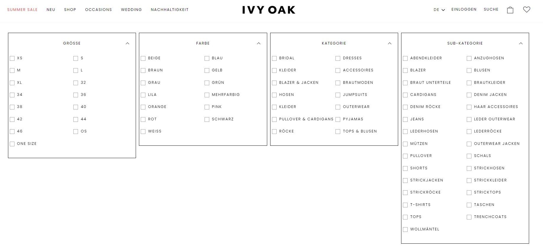 Zu sehen ist die Website von Ivy Oak. Man erkennt, dass das Unternehmen zahlreiche Produktfilter anwendet.